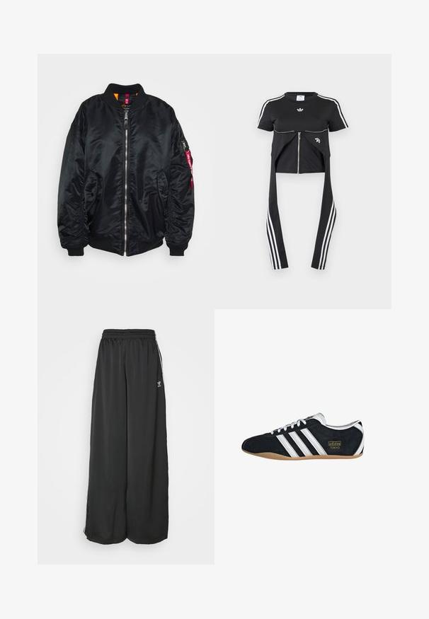 Sort bomberjakke lavet af glat, blankt materiale. Har lynlås foran, ribbede manchetter, sidelommer og en lommedel med lynlås på armen med et rødt mærke.; Sort kortærmet top med hvide Adidas-striber på ærmerne, lynlåsdetaile foran og forlængede stofpaneler, der hænger ned med tre hvide striber.; Sorte løstsiddende træningsbukser lavet af glat stof. Har en elastisk talje og sidelogsstriber med logoaccents.; Sort ruskinds sneaker med hvide tre striber, guldlogo og en brun gummisål. Har et lavprofil snørebåndsdesign.