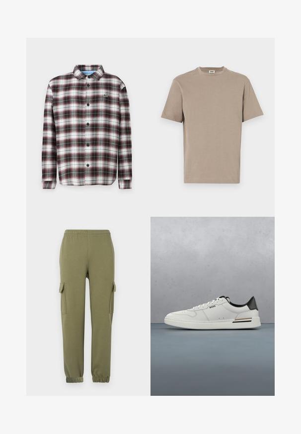 Geruite overhemd in donkerrood, zwart en wit; gemaakt van een katoenen mix; met een omvouwbare kraag en zwarte knopen; logo op de borst.; Beige katoenen t-shirt met een ronde hals, korte mouwen en een rechte zoom. Vlotte textuur, minimalistisch ontwerp, geen zichtbare graphics of accenten.; Cargo broek in olijfgroene lichtgewicht stof, met zijzakken, een elastische tailleband en aansluitende manchetten voor een strakke fit.; Witte lage sneaker met zwarte hiel, vetersluiting, subtiele perforaties en het "BOSS" logo aan de zijkant, getoond vanuit het zijprofiel.