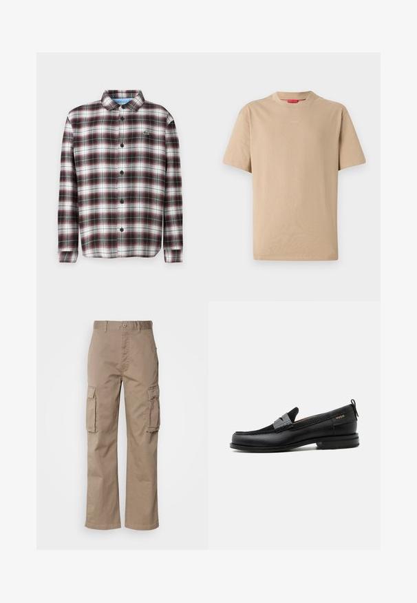 Ruudullinen napillinen paita tummanpunaisena, mustana ja valkoisena; puuvillasekoitekangasta; sisäänrakennettu kaulus ja mustat napit; logo rinnassa.; Beige puuvillane T-särk lühikeste varrukatega, ümar kaelus ja delikaadne "HUGO" logo keskel. Sile tekstuur, lõdvestatud istuvus.; Beige cargo-housut puuvillasta, joissa on rento malli, kaksi sivutaskua ja nappikiinnitys vyötäröllä.; Musta nahkalesti harmaalla remmikoristeella, matala korko ja teksturoitu pohja, sivustalla kullanvärisellä "HUGO"-brändillä.
