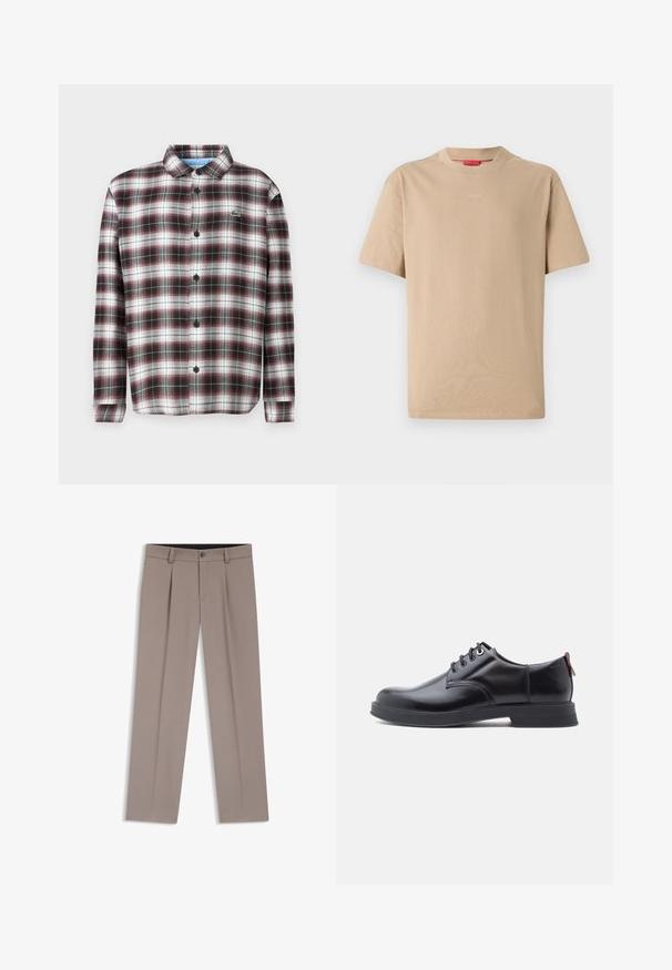 Rute skjorte med knapper i mørkerød, sort og hvid; lavet af bomuldsblandet stof; har en nedfoldet krave og sorte knapper; logo på brystet.; Beige bomulds T-shirt med korte ærmer, rund halsudskæring og subtilt "HUGO" logo i midten. Glat overflade, afslappet pasform.; Lysebrune herrebukser med bæltestropper, plisseringer, knaplukning foran og lynlås, lagt fladt på en hvid baggrund.; Sorte snørestøvler i læder med glat tekstur, rundet tå og diskrete syningsdetaljer. Har en rød trækflig på hælen.