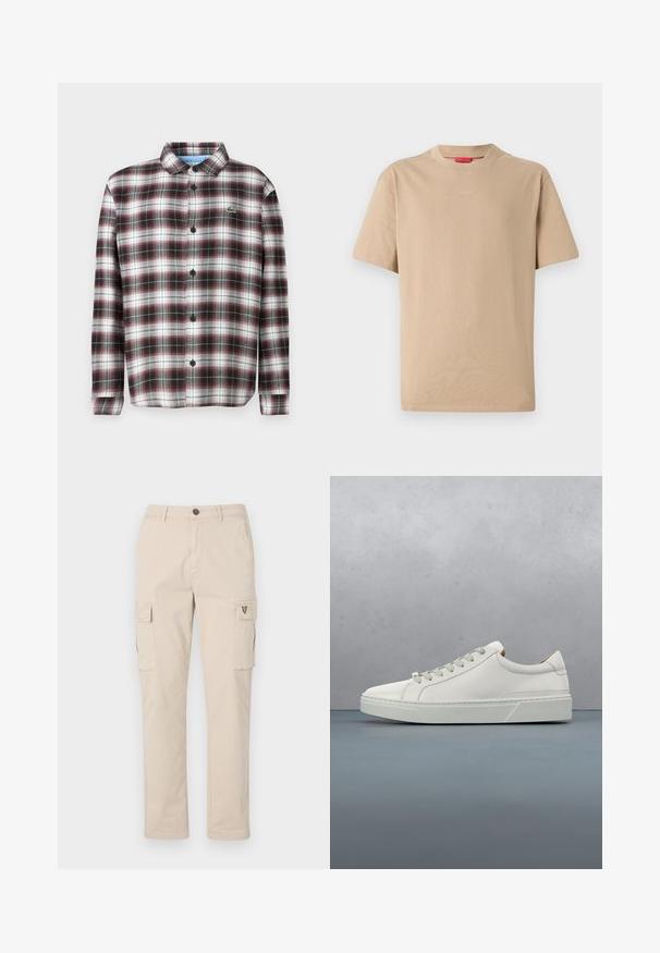 Geruite overhemd in donkerrood, zwart en wit; gemaakt van een katoenen mix; met een omvouwbare kraag en zwarte knopen; logo op de borst.; Beige katoenen T-shirt met korte mouwen, ronde hals en subtiele "HUGO"-logo in het midden. Glad textuur, ontspannen pasvorm.; Beige cargobroek van katoen, voorzien van twee zijzakken, een achterzak en een klein logo op de zijkant. Rechtoe-rechtaan pasvorm, stevige stof.; Witte leren sneaker met een ronde neus, minimalistisch ontwerp, grijze veters en een gestructureerde grijze rubberen zool. Fijne stikdetails zichtbaar.