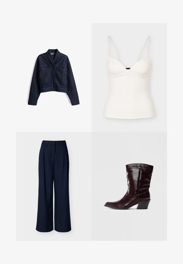 Geknipte donkerdenimjacket met een sjawlkol, sluiting met knopen aan de voorkant en twee knoopzakken op de borst. Glad materiaal met subtiele stikdetails.; Witte aansluitende mouwloze camisetetop met dunne verstelbare spaghetti bandjes en een lichte sweetheart halslijn.; Marineblauwe wijde broek met hoge taille en voorplooien, afgebeeld tegen een effen witte achtergrond.; Bordeaux leren enkellaarsjes met een spitse neus, textuur op het oppervlak en een taps toelopende lage hak. Heeft subtiele stiksels en een strakke pasvorm.