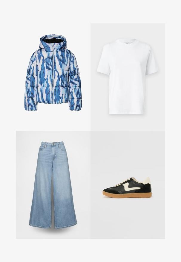 Blå og hvid abstrakt mønstret pufferjakke med hætte og for-lynlås, quilted og polstret for varme.; Hvid bomulds T-shirt med rund hals, kortærmet og en glat tekstur. Designet med en afslappet pasform for komfort og alsidighed.; Lyseblå vidde jeans lavet af denim med høj talje, forlommer og knaplukning. Stoffet har en falmet vask.; Sorte ruskinds- og lædersneakers med en cremefarvet side-swoosh og lys cremefarvet hæl. Har beige snørebånd og en gummirubber-sål.