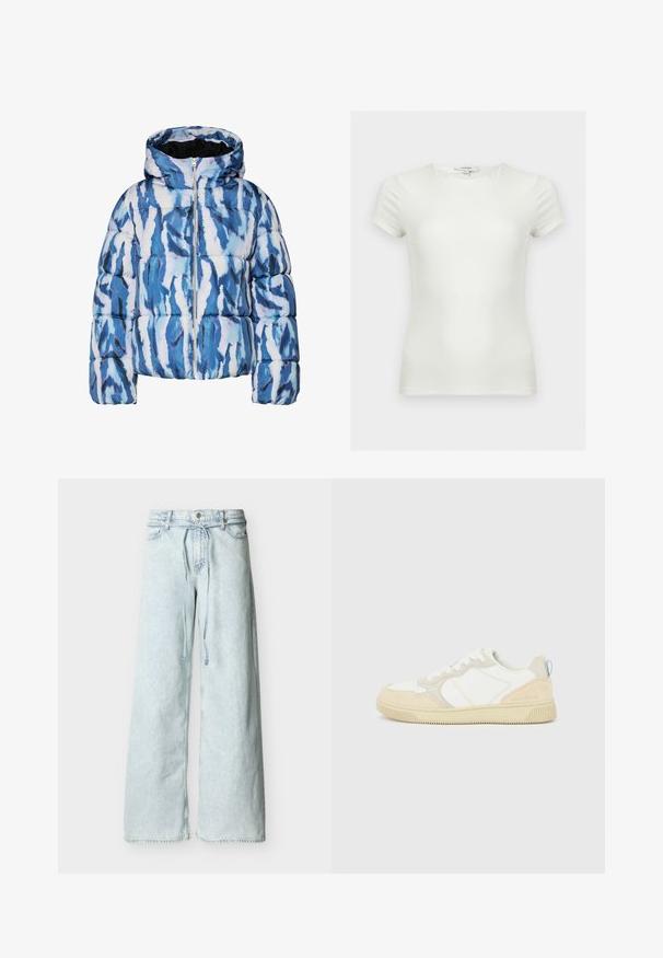 Blå og hvid abstrakt mønstret pufferjakke med hætte og for-lynlås, quilted og polstret for varme.; Plain hvid tætsiddende t-shirt med korte ærmer og rund halsudskæring, vist på en neutral baggrund.; Lyseblå jeans med vide ben, høj talje, knapper foran, bæltestropper og et langt matchende bælte af stof.; Hvid og beige sneaker med en overdel i ruskind og tekstil, med kontrastsyninger, en gummisål og en lyseblå detalje på hælen.