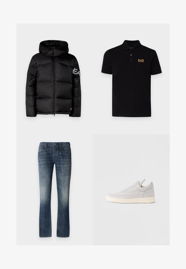 Schwarze Daunenjacke mit Kapuze, gestepptem Design, Reißverschluss vorne und großem Logo auf dem linken Ärmel; glatte Textur und isolierte Polsterung.; Schwarzes Polo-Shirt aus Baumwolle mit klassischem Kragen, ausgestattet mit drei Knöpfen am Hals und einem goldenen EA7-Logo auf der linken Brust.; Dunkelblaue Denim-Jeans mit einem ausgewaschenen Vorderteil und leichten Used-Effekten. Gerade Passform mit einem Bund und fünf Taschen. Silberne Hardware-Details.; Hellgrauer Ledersneaker mit strukturierten Seiten, Schnürung vorne und cremefarbener Gummisohle. Verfügt über eine glatte Zehenkappe und minimalistische Designdetails.