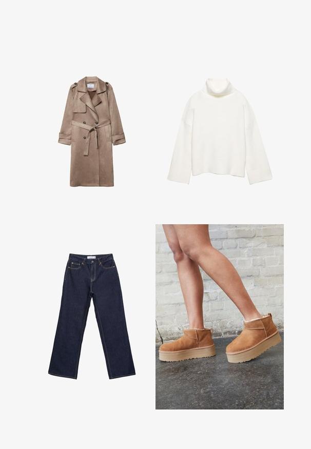 Manteau trench en suédine beige avec col, devant croisé, poches latérales et ceinture nouée à la taille. Comprend des épaulettes.; Pull à col roulé blanc en tissu doux, présentant une coupe décontractée, des épaules tombantes et des poignets et un ourlet larges côtelés.; Jean en denim bleu foncé à coupe droite, avec poches avant, passants de ceinture et fermeture par bouton à la taille.; Bottines en suède marron avec une doublure en peluche, semelle épaisse en beige et une poignée à l'arrière. Surface texturée avec des détails de couture visibles.