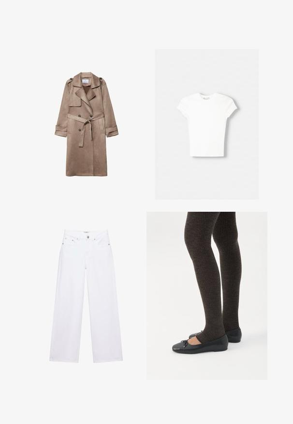 Manteau trench en suédine beige avec col, devant croisé, poches latérales et ceinture nouée à la taille. Comprend des épaulettes.; T-shirt blanc à manches courtes en coton doux, avec un col rond et une coupe ajustée. Pas de motifs ni d'ornements visibles.; Jean blanc taille haute à jambes larges avec fermeture à boutons et zip, poches avant et arrière, et détails en rivets argentés.; Jambes portant des leggings côtelés foncés associés à des ballerines noires avec de petits détails en nœud sur fond blanc.