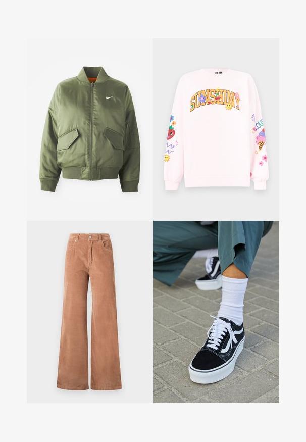 Olivengrøn bomberjakke med ribbet krave og manchetter, lynlås-lukning, to frontlommer og en sidelomme med lynlås. Har Nike-logo i hvid.; Lyserød sweatshirt med teksten "SUNSHINY" dekoreret med blomster, kirsebær, smilende sole og farverige designs på begge ærmer.; Lysebrune vide ben corduroy bukser med frontknap og lynlåslukning, bæltestropper og forlommer på hvid baggrund.; Sorte ruskinds sneakers med hvide accenter og snørebånd, der har en tyk hvid sål og kontrasterende syninger, parret med en hvid sok.