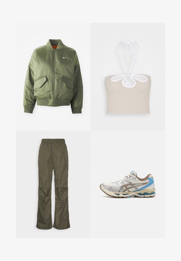 Olivengrøn bomberjakke med ribbet krave og manchetter, lynlås-lukning, to frontlommer og en sidelomme med lynlås. Har Nike-logo i hvid.; Even&Odd Top - taupe; Even&Odd Bukser - khaki; Hvid og beige løbesko med blå accenter, netoverdel, polstret sål og snørelukning, vist fra ydersiden.