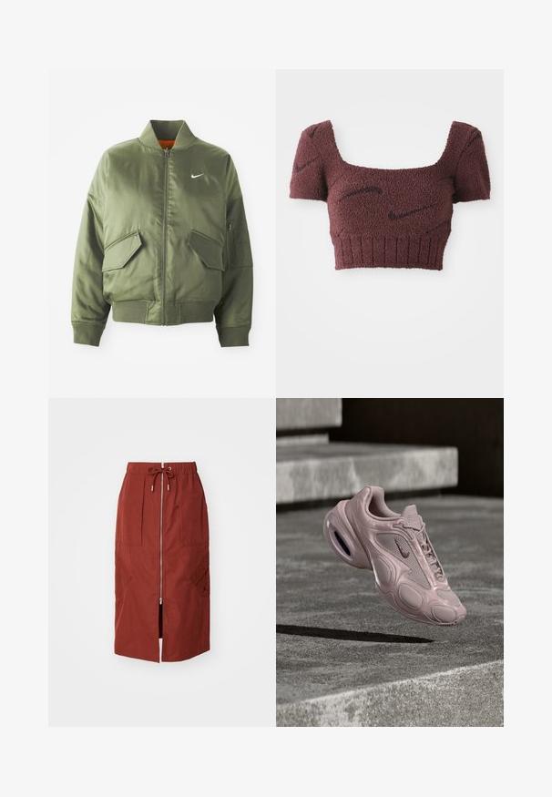 Olive rohelise värvi bomber-jakk ribidega krae ja varrukate, tõmbluku sulgemise, kahe ees oleva tasku ja ühe küljetaskuga. Omab valget Nike logo.; Lilla lühike topp tekstuuriga kangast, ruudukujulise kaelusega, lühikeste varrukatega ja ribakujulise alumise äärega, millel on kogu pinnal õrnad tumedad mustrid.; Keskmise pikkusega seelik terrakota punases, millel on eesne lukuga, elastne vöökoht koos tõmblukuga ja küljetaskud geomeetrilise mustriga.; Nike'i kerged tossud heledas roosas toonis, millel on võrkmaterjalist pealmine osa, ümar tald ja nähtav pehmendus. Sujuv tekstuur, millel on reljeefsed detailid.