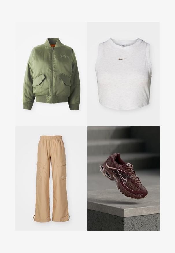Olijfgroen bomberjack met geribde kraag en manchetten, rits sluiting, twee voorzakken en een zijritszak. Voorzien van het Nike-logo in het wit.; Witte crop top van zacht, textuurachtig stof. Heeft een ronde hals en een mouwloos ontwerp met een klein gouden Nike-logo aan de voorkant.; Nike Sportswear TREND - Cargobroek - hemp; Bordeauxkleurige Nike hardloopschoen met mesh stof, gevoerde kraag, dikke zool en witte accenten. Het ontwerp heeft een afgeronde neus en opvallende veters.