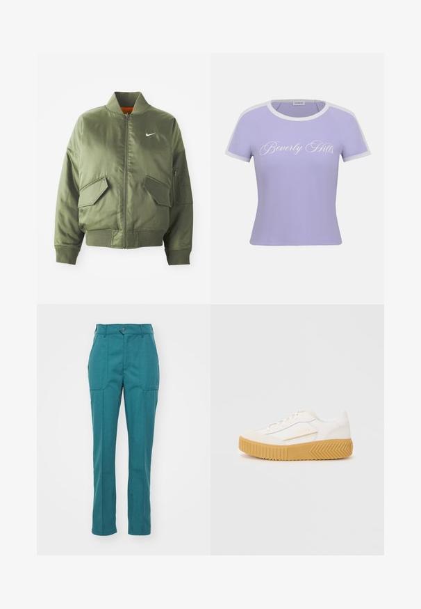 Olivengrøn bomberjakke med ribbet krave og manchetter, lynlås-lukning, to frontlommer og en sidelomme med lynlås. Har Nike-logo i hvid.; Lilla kortærmet ribbet top med hvid kant og "Beverly Hills" tekst i kursiv centreret på brystet.; Teal bukser lavet af et glat, struktureret stof. Har en knaplukning, to frontlommer og et lige ben-design.; Hvide sneakers med en struktureret tan gummisål, prydet med et glat overmateriale og diskret branding i guld på siden.