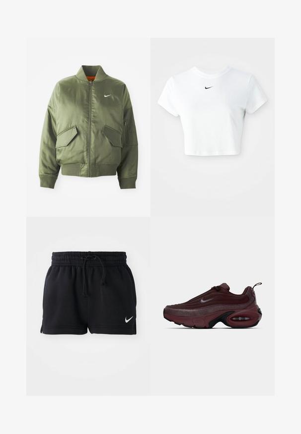 Olivengrøn bomberjakke med ribbet krave og manchetter, lynlås-lukning, to frontlommer og en sidelomme med lynlås. Har Nike-logo i hvid.; Hvid kortærmet t-shirt lavet af bomuld, med korte ærmer og rund halsudskæring, og med et sort Nike-logo på brystet.; Sorte atletiske shorts lavet af blødt materiale, med en elastisk linning og snor, sideskår og et lille hvidt logo i nederste kant.; Bordeauxfarvede Nike sneakers med en tekstureret overdel, kontrastfarvet spraglet detaljer og en polstret sål med synlige luftenheder.