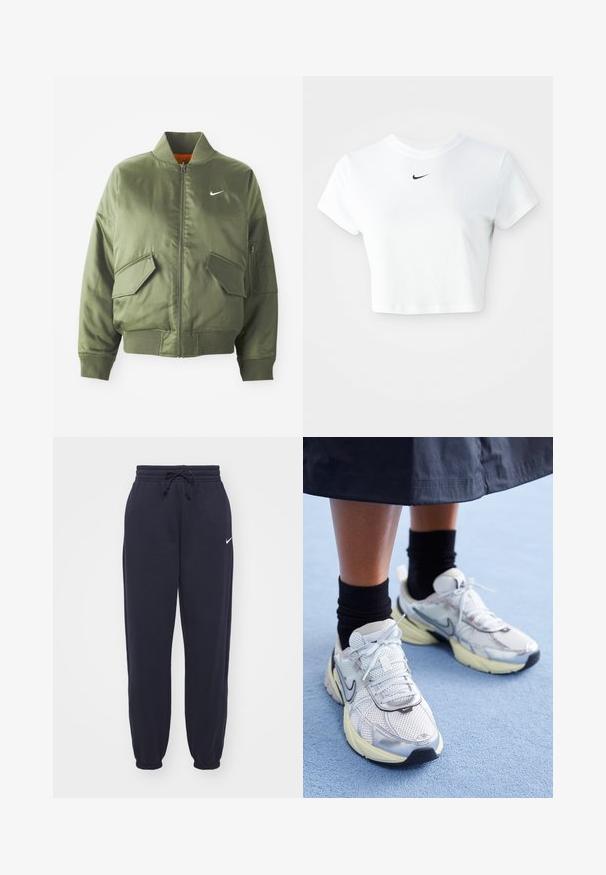 Olijfgroen bomberjack met geribde kraag en manchetten, rits sluiting, twee voorzakken en een zijritszak. Voorzien van het Nike-logo in het wit.; Witte cropped T-shirt van katoen, met korte mouwen en een ronde halslijn, voorzien van een zwart Nike-logo op de borst.; Nike trainingsbroeken in marineblauw, gemaakt van zacht materiaal. Voorzien van een elastische tailleband met trekkoord en aangesloten enkels. Kleine witte logo-accent.; Witte en zilveren Nike sneakers van meshstof, met reflecterende accenten en een beige zool. Gedragen met zwarte sokken, staand op een blauwe ondergrond.