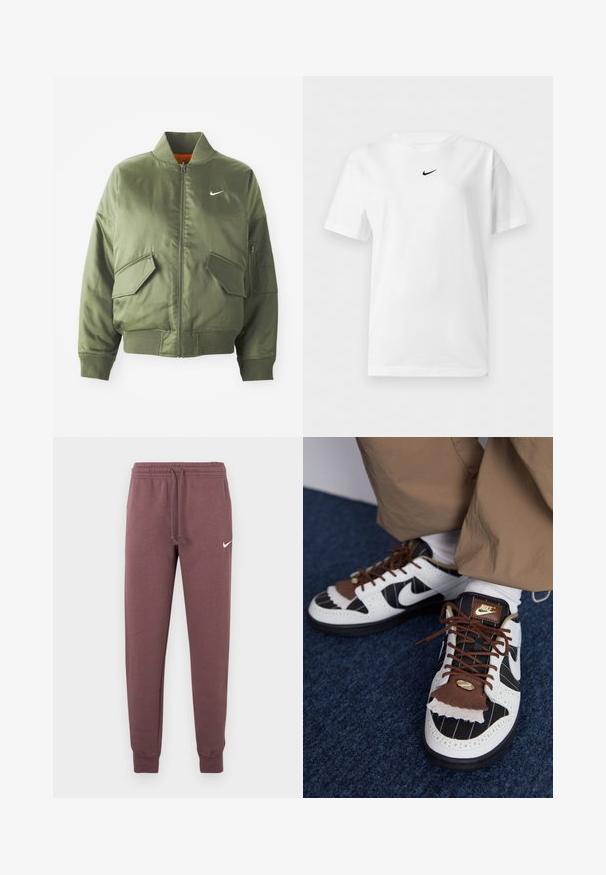 Olivengrøn bomberjakke med ribbet krave og manchetter, lynlås-lukning, to frontlommer og en sidelomme med lynlås. Har Nike-logo i hvid.; Hvid t-shirt med korte ærmer og rund halsudskæring med et lille sort Nike Swoosh-logo centreret nær kraven.; Nike joggingbukser i bordeauxrød med elastik i taljen og snøre, ribstrikkede manchetter og et lille hvidt logo på venstre hofte.; Nike sneakers med hvide, sorte og brune materialer. Har en tekstureret brun klaff, stribet design og traditionel snøring med guld accenter.