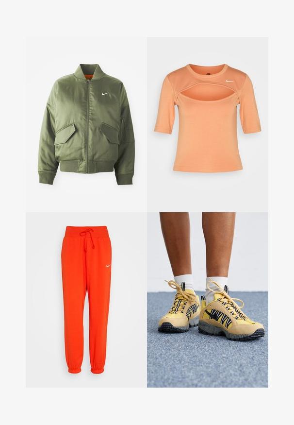 Olivengrøn bomberjakke med ribbet krave og manchetter, lynlås-lukning, to frontlommer og en sidelomme med lynlås. Har Nike-logo i hvid.; Nike Sportswear CUTOUT - T-shirts print - amber brown/sail; Nike Sportswear W PHNX FLC HR OS - Træningsbukser - picante red/sail; Gule ruskinds- og mesh-sneakers med sorte og hvide stribede detaljer, strukturerede såler og snørebåndsdesign. Hvide sokker synlige over anklen.