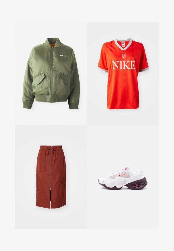 Olijfgroen bomberjack met geribde kraag en manchetten, rits sluiting, twee voorzakken en een zijritszak. Voorzien van het Nike-logo in het wit.; Rode Nike-jersey met V-hals, grijze afwerking op de mouwen en groot wit "NIKE"-logo. Soepele, lichte stof met een subtiel gestreept patroon.; Mid-length rok in terracotta rood, met een rits aan de voorkant, een elastische tailleband met trekkoord en zijzakken met een geometrisch ontwerp.; Witte en roze sportschoen met meshpanelen, een roze Nike-swoosh en een dikke, donkerpaarse zool met zichtbare luchtvering.