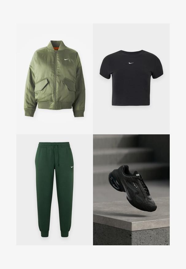 Olivovo zelená bomber bunda s vypčím golierom a manžetami, zipsovým zapínaním, dvoma prednými vreckami a bočným vreckom na zips. Obsahuje logo Nike v bielej farbe.; Čierne krátke tričko z bavlny s okrúhlym výstrihom a krátkymi rukávmi. Na hrudi výrazné biele logo Nike.; Zelené tepláky s elastickým pásom, sťahovacou šnúrkou a lemovanými členkami. Na hornej ľavej nohe je malá biela logo.; Čierna športová obuv s textúrovaným koženým zvrškom, výrazným logom a polstrovanou podrážkou. Obsahuje abstraktné vzory a hladké, zaoblené doplnky.