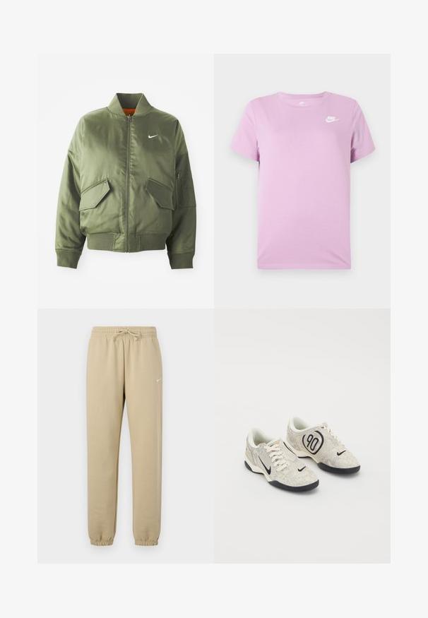 Olive rohelise värvi bomber-jakk ribidega krae ja varrukate, tõmbluku sulgemise, kahe ees oleva tasku ja ühe küljetaskuga. Omab valget Nike logo.; Lilla lühikeste varrukatega Nike T-särk, millel on valge Nike logo vasakul rinnaümbruses, ümmargune kaelus ja üksvärviline kangas.; Beežid puuvillased dressipüksid elastse vöökohaga ja nööriga, millel on soonilised mansetid ning vasakul küljel väike valge logo.; Nike spordijalatsid beeži ja halli tekstuuriga ülemise osa, mustade aktsentidega, suure "90" logoga ja valge sidumisega. Must tald.
