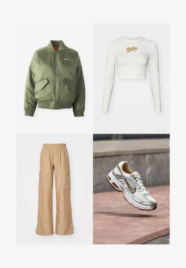 Olivengrøn bomberjakke med ribbet krave og manchetter, lynlås-lukning, to frontlommer og en sidelomme med lynlås. Har Nike-logo i hvid.; Hvid langærmet crop top lavet af glat stof, med et guld Nike-logo tryk på brystet og en klassisk rund halsudskæring.; Nike Sportswear TREND - Cargobukser - hemp; Hvid og sølv Nike løbesko med beige swoosh-logo, vist i luften over en stens overflade med en sløret grå vægbaggrund.