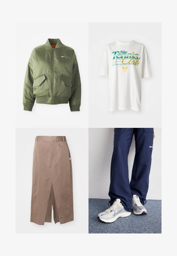 Olivenfarbene Bomberjacke mit geripptem Kragen und Bündchen, Reißverschluss, zwei Fronttaschen und einer seitlichen Reißverschlusstasche. Mit Nike-Logo in Weiß.; Weißes Baumwoll-T-Shirt mit einem grünen und gelben Grafikdruck, "Nike Tennis Club", mit Tennismotiven und dem Gründungsjahr 1972.; Helles Baumwollrock in gerader Form, ausgestattet mit einem vorderen Schlitz, seitlichen Taschen und einem Standardbund. Glatte Textur und sorgfältig gearbeitete Nähte.; Nike Sportschuhe mit einem silbernen Mesh-Obermaterial, weißen Akzenten und strukturierten Sohlen, kombiniert mit locker sitzenden marineblauen Hosen.