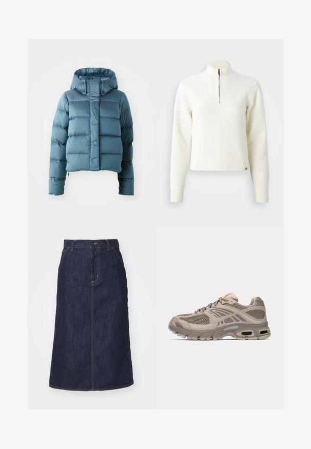 Daunenjacke in Hellblau, mit cropped Design, Kapuze und gestepptem Material, das gleichmäßig verteilte horizontale Abschnitte aufweist.; Weißer Sweater mit Reißverschluss am Hals und langen Ärmeln. Aus weichem Strickmaterial gefertigt, mit gerippten Bündchen und Saum. Dezentes Markenlogo am Saum.; Dunkelblaue Jeansrock mit hoher Taille, geradem Schnitt, aufgesetzten Taschen und genähten Nähten. Mit einem Reißverschluss und einem Knopfverschluss an der Taille.; Beige Sportschuh mit Mesh-Obermaterial, geformten Akzenten, runder Zehenpartie und sichtbarer Luftpolsterung in der Sohle. Schnürsenkel in neutralem Farbton.