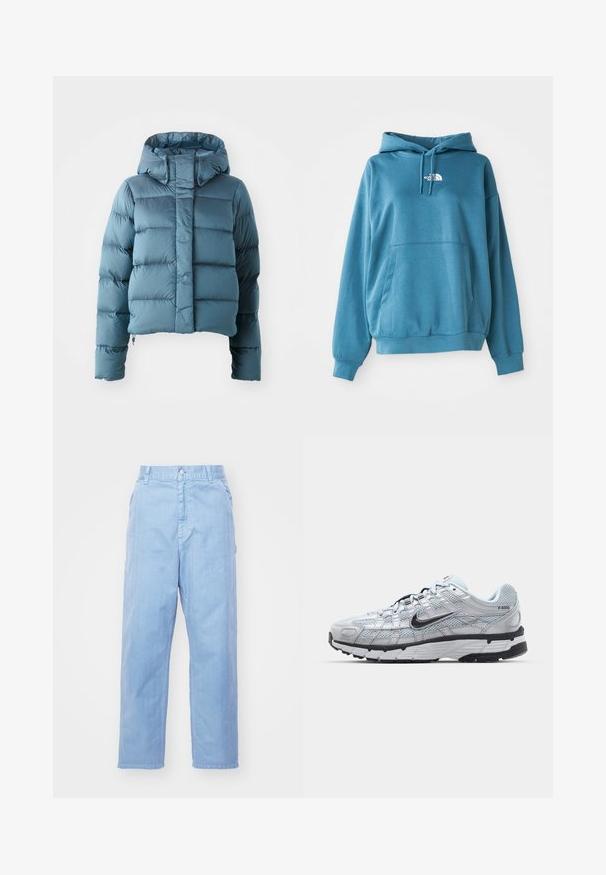 Daunenjacke in Hellblau, mit cropped Design, Kapuze und gestepptem Material, das gleichmäßig verteilte horizontale Abschnitte aufweist.; Kapuzensweatshirt in Blaugrün mit Kängurutasche, gerippten Bündchen und einem kleinen weißen Logo auf der Brust. Weicher, strukturierter Stoff.; Hellblaue Denim-Hosen mit geradem Bein, Knopfverschluss und Fronttaschen. Der Stoff hat eine dezente Textur mit einer glatten Oberfläche.; Nike P-6000 Sneakers mit einem Obermaterial aus leichtem grauem Mesh, schwarzen Akzenten und einer langlebigen schwarzen Gummisohle. Verfügt über ein komplexes Design und ein Schnürsystem.
