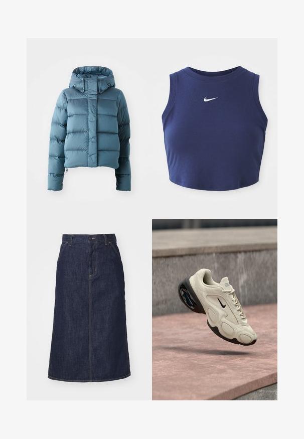 Daunenjacke in Hellblau, mit cropped Design, Kapuze und gestepptem Material, das gleichmäßig verteilte horizontale Abschnitte aufweist.; Navyblaues geripptes Cropped-Top mit Rundhalsausschnitt und ärmellosem Design, versehen mit einem kleinen weißen Nike-Logo auf der Brust.; Dunkelblaue Jeansrock mit hoher Taille, geradem Schnitt, aufgesetzten Taschen und genähten Nähten. Mit einem Reißverschluss und einem Knopfverschluss an der Taille.; Helle beige Nike-Sneaker mit schwarzer Sohle und Luftpolster, schwebend über Steinstufen in einer Außeneinstellung.