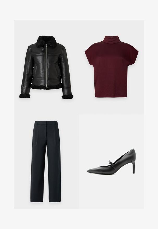 Chaqueta de cuero negro con un collar y puños de borrego negro y suave, cierre de cremallera y paneles en el cuerpo. Cuenta con dos bolsillos laterales.; Top burdeos de manga corta con cuello alto y ajuste relajado, hecho de tela suave, con cierre en la parte posterior y textura lisa.; Pantalones negros ajustados con un diseño de pierna recta, que cuentan con pliegues delanteros, una textura suave y pasadores para cinturón. Sin bolsillos visibles.; Zapato de tacón alto de cuero negro con punta puntiaguda, con tira fina y hebilla sobre el empeine, sobre fondo claro y neutro.