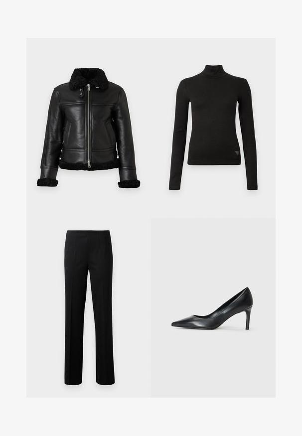 Chaqueta de cuero negro con un collar y puños de borrego negro y suave, cierre de cremallera y paneles en el cuerpo. Cuenta con dos bolsillos laterales.; Camiseta negra de manga larga ajustada con cuello alto, con un pequeño detalle de logo triangular cerca del dobladillo inferior en el lado frontal derecho.; Pantalones negros a medida con rayas verticales, frente plano, dos bolsillos laterales y un diseño de pierna recta. Fabricados con una tela suave.; Zapato de tacón negro de cuero con punta afilada y un tacón delgado, textura suave y sin adornos visibles. Diseño limpio con una estética minimalista.