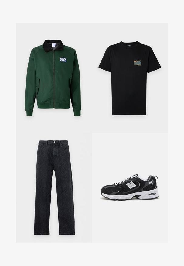 Veste bombardier verte avec un col en velours côtelé noir, fermeture éclair à l'avant, poches latérales et un écusson bleu affichant "R.P." sur la poitrine gauche.; T-shirt noir à manches courtes avec un petit graphique multicolore de montagne et d'océan, ainsi que le texte « BILLABONG Adventure division » sur le côté gauche de la poitrine.; Jean noir à jambe droite avec un motif animalier sombre discret, fermeture par bouton et zip, et poches avant, présenté sur fond blanc.; Baskets de sport noires et grises avec un tige en mesh et en suède, présentant une semelle intermédiaire blanche, des lacets et un logo "N" audacieux sur le côté.