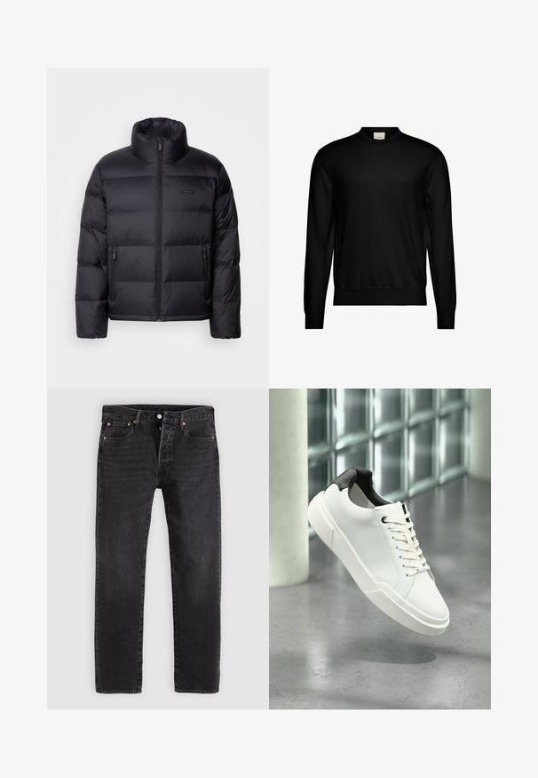 Calvin Klein PUFFER - Gewatteerde jas - black; Zwarte trui met lange mouwen en ronde hals, met geribbelde boorden en zoom, voorzien van een klein wit merkembleem aan de binnenkant van de halslijn.; Zwarte denim jeans met een rechte pasvorm, voorzien van twee voorzakken, een muntenzakje en metalen klinknagels. Klassiek ontwerp met vijf zakken.; Witte lage sneaker met zwarte, gestructureerde hielkap, witte veters en dikke zool op een gepolijste betonnen vloer nabij glazen blokken.