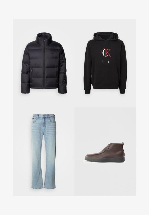 Calvin Klein PUFFER - Daunenjacke - black; Schwarzer Hoodie aus Baumwolle mit einer Fronttasche, Kapuze mit Kordelzug und einem Grafikdesign mit "Calvin Klein" und ineinandergreifenden "CK" in Rot und Weiß.; Hellblaue Jeans aus Denim mit geradem Bein, ausgestattet mit fünf Taschen, einem Knopfverschluss und subtilen Verwaschungen im Stoff.; Braune Leder-Ankle-Boots mit strukturierter Oberfläche, weichem, abgerundetem Zehenbereich und grauer Gummisohle, ausgestattet mit zwei Ösen für Schnürsenkel.