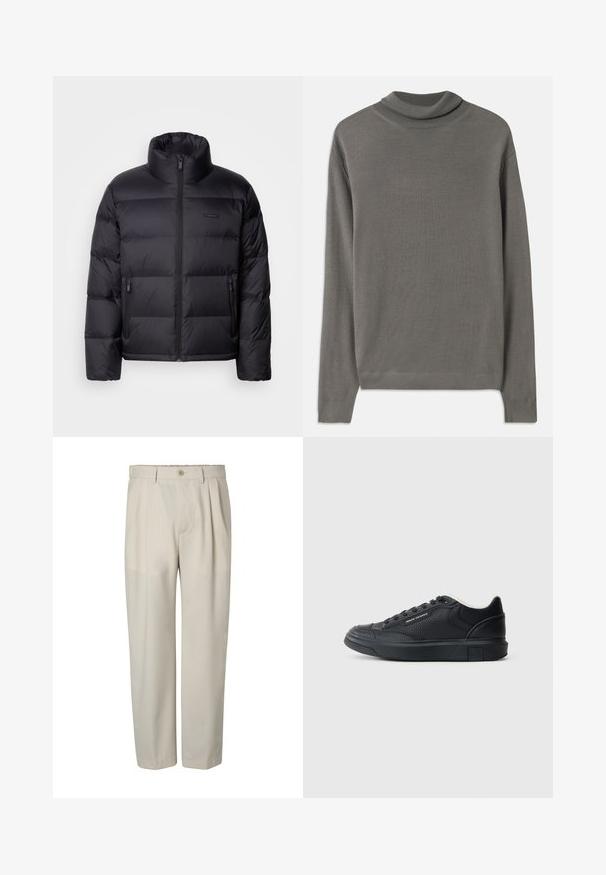 Calvin Klein PUFFER - Daunenjacke - black; Grauer Rollkragenpullover aus weichem, leichtem Stoff. Mit langen Ärmeln und einem gerippten Halsauschnitt, der durchgehend eine glatte Textur aufweist.; Beige maßgeschneiderte Hose mit Frontfalten, Gürtelschlaufen, Knopfverschluss und geraden Beinen.; Schwarze Leder-Sneaker mit strukturiertem Finish, runder Spitze, Schnürdesign, Gummisohle und dezentem Logoschriftzug an der Seite und Ferse.