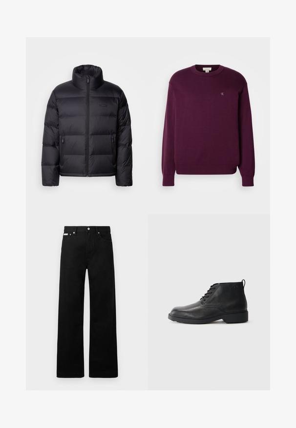 Calvin Klein PUFFER - Chaqueta de plumas - black; Sweater de punto morado con mangas largas, cuello redondo, dobladillo y puños acanalados, que presenta un pequeño logo de CK en el pecho. Textura suave.; Pantalones de mezclilla negros con un diseño de pierna ancha, que cuentan con cinco bolsillos y herrajes de botón metálico. Textura suave, sin patrones visibles.; Botas de cuero negro con acabado texturizado, puntera redonda, cordones en la parte frontal y suela de goma resistente. Presenta una pequeña lengüeta en la parte trasera.