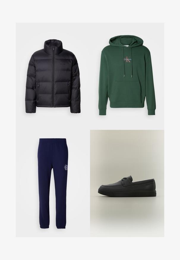 Calvin Klein PUFFER - Chaqueta de plumas - black; Sudadera de mezcla de algodón verde con bolsillo frontal, puños acanalados y capucha con cordón. Logo decorativo de Calvin Klein en colores contrastantes.; Pantalones de chándal azul marino hechos de mezcla de algodón. Cuentan con una cinturilla elástica, piernas ajustadas y un pequeño logotipo en el lado izquierdo.; Mocasín casual negro de cuero con detalles de cordones y suela gruesa de goma, visto de lado sobre un fondo neutro.
