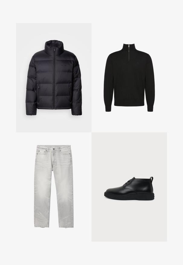 Calvin Klein PUFFER - Páperová bunda - black; Čierny pulóver s dlhými rukávmi, s polovičným zipsom vpredu a rebrovanými manžetami a lemom, s malým nenápadným logom na hrudi.; Svetlo sivé rovné džínsy s piatimi vreckami, zapínaním na gombík a zips a logom Calvin Klein na malom prednom vrecku.; Čierna kožená členková šnurovacia obuv s hrubou gumovou podrážkou a ťahacím pútkom na päte, zobrazená v bočnom profile na jednofarebnom pozadí.