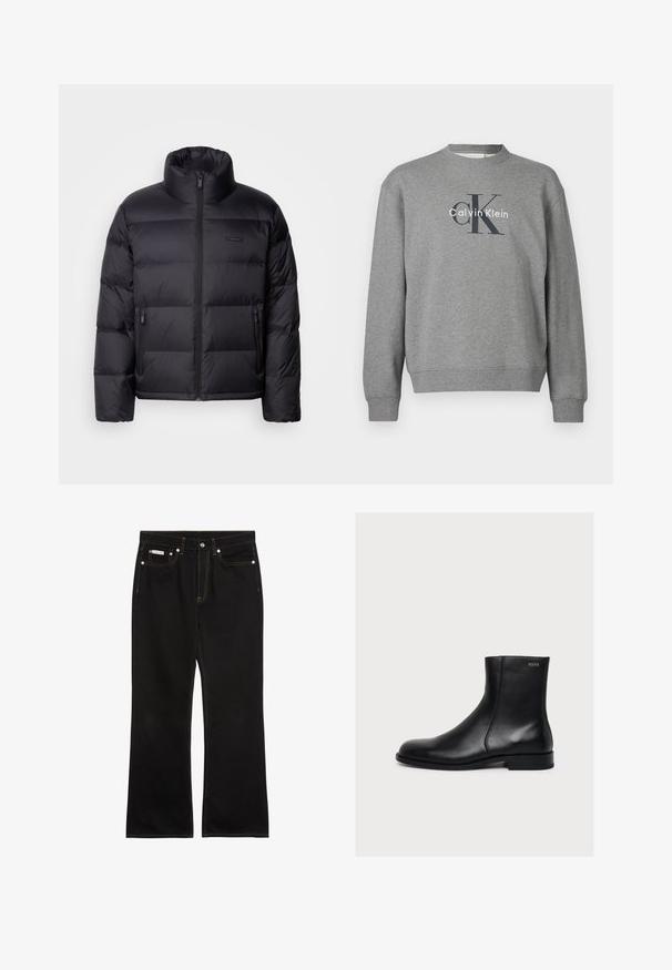 Calvin Klein PUFFER - Μπουφάν με πούπουλα - black; Γκρι φούτερ με στρογγυλή λαιμόκοψη και ριμπ μανσέτες, με τυπωμένο λογότυπο, «Calvin Klein», σε αντίθετα χρώματα στο μπροστινό μέρος.; Μαύρο τζιν με ίσια γραμμή, πορτοκαλί ραφές, πέντε τσέπες, κούμπωμα με κουμπί και μικρή ετικέτα Calvin Klein στην μπροστινή δεξιά τσέπη.; Μαύρο λείο δερμάτινο μποτάκι αστραγάλου με χαμηλό τακούνι και πλαϊνό φερμουάρ, με την ετικέτα Hugo κοντά στην επάνω άκρη.