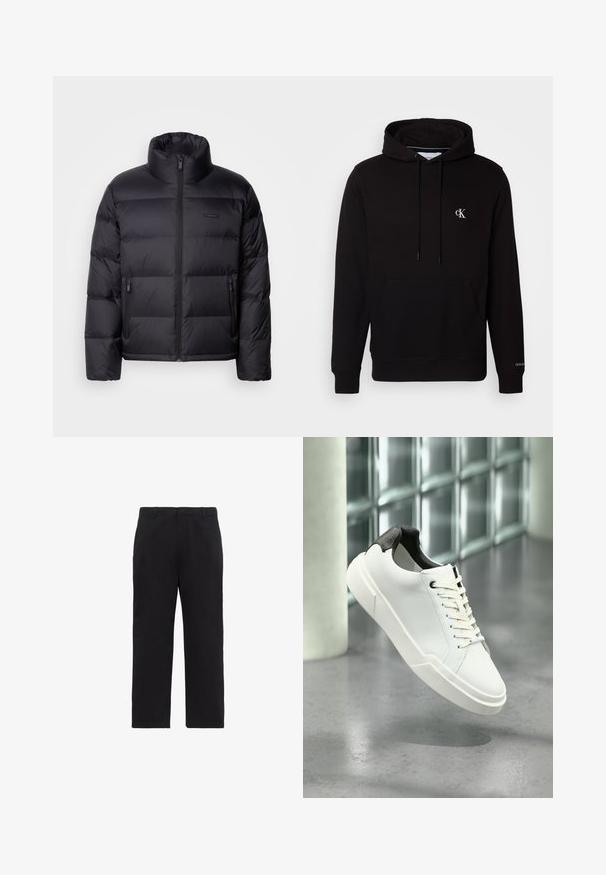 Calvin Klein PUFFER - Páperová bunda - black; Čierna mikina s kapucňou, prednou klokankovou kapucňou, šnúrkami a malým bielym logom "CK" na hrudi a "Calvin Klein" na manžete.; Čierne nohavice s rovným strihom, s pútkami na opasok, predným zipsom a bočnými vreckami, zobrazené na bielom pozadí.; Biela nízka teniska s čiernou textúrovanou pätkou, bielymi šnúrkami a hrubou podrážkou na leštenej betónovej podlahe pri sklenených blokoch.