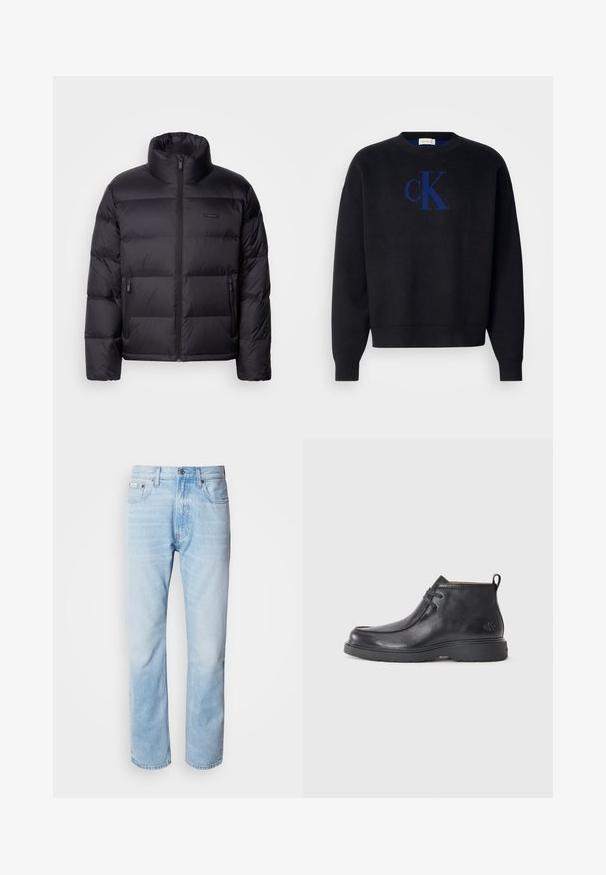 Calvin Klein PUFFER - Chaqueta de plumas - black; Suéter de punto negro con cuello redondo y puños acanalados, con un logo bordado "cK" en azul en el centro frontal.; Vaqueros de mezclilla azul claro con corte recto, con secciones desgastadas, diseño de cinco bolsillos y cierre de botones clásico.; Botas de cuero negras hasta el tobillo con punta redondeada, diseño con cordones y una lengüeta en la parte trasera. Parte superior texturizada y suela de goma.