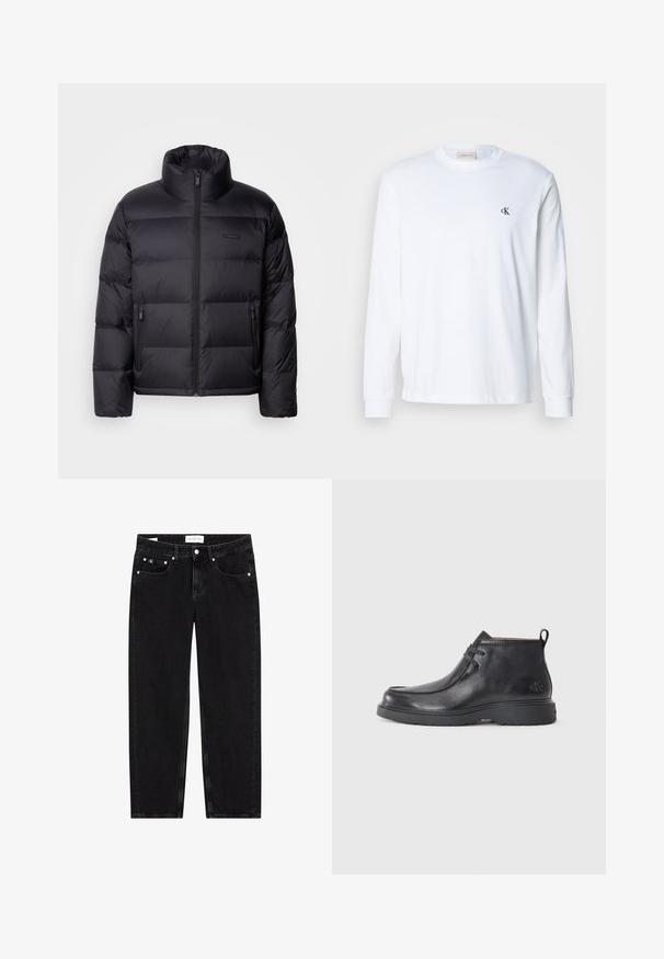 Calvin Klein PUFFER - Chaqueta de plumas - black; Camisa blanca de algodón de manga larga con cuello redondo y pequeño logo negro "cK" en el pecho izquierdo.; Vaqueros de mezclilla negra con un corte recto, textura ligeramente desgastada, cinco bolsillos y detalles en metal plateado. Etiqueta en la cintura.; Botas de cuero negras hasta el tobillo con punta redondeada, diseño con cordones y una lengüeta en la parte trasera. Parte superior texturizada y suela de goma.