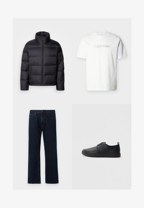 Calvin Klein PUFFER - Gewatteerde jas - black; Witte korte mouw t-shirt van katoen, met een grijze "Calvin Klein"-logo over de borst in een minimalistisch lettertype.; Donkerblauwe jeans met rechte pijpen, voorste knoop- en ritssluiting, voorzakken en riemlussen.; Zwarte leren sneaker met een gladde afwerking, ronde neus, tonale stiknaden, vetersluiting aan de voorkant en een vlakke rubberen zool. Lussje aan de hak.