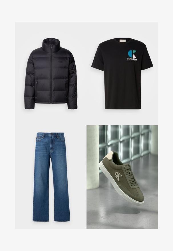 Calvin Klein PUFFER - Daunenjacke - black; Schwarzes Baumwoll-T-Shirt mit einem Grafikdesign, das das Logo "calvin klein" in Weiß, Türkis und Pink zeigt. Runder Ausschnitt und kurze Ärmel.; Blaue, hoch taillierte Jeans mit geradem Bein, Frontknopf und Reißverschluss, fünf Taschen und einem kleinen Markenpatch auf der rechten Tasche.; Olivgrüner Wildledersneaker mit weißer Sohle und CK-Logo, vor einem grauen Fußboden und einer Glasbausteinwand präsentiert.