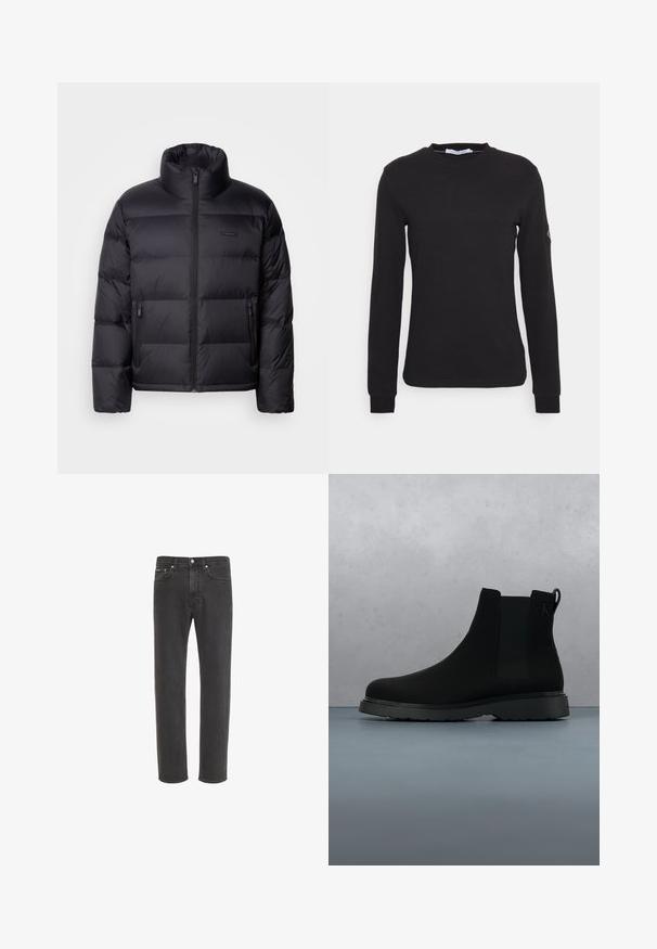 Calvin Klein PUFFER - Gewatteerde jas - black; Zwarte trui met lange mouwen en een ronde hals, geribde boorden en een kleine logopatch op de bovenste linker mouw.; Zwarte rechte denim jeans met knoop- en ritssluiting aan de voorkant, voor- en achterzakken, weergegeven op een witte achtergrond.; Zwarte enkelboot van soepel materiaal met subtiele stiksels, een rubberen zool en een slank ontwerp, gepositioneerd boven een houten textuur.