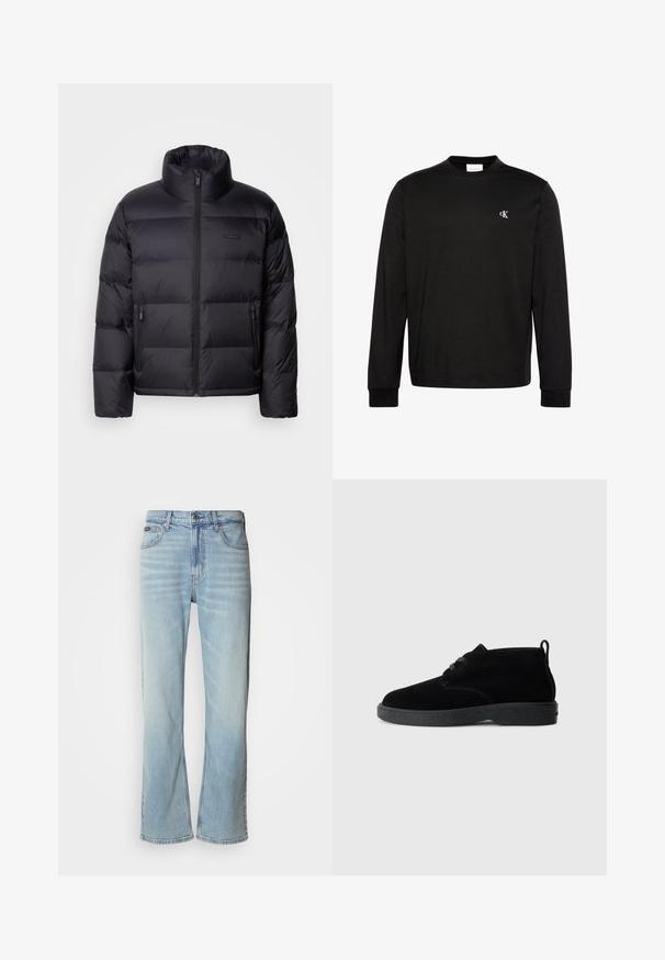 Calvin Klein PUFFER - Páperová bunda - black; Čierne tričko s dlhým rukávom a okrúhlym výstrihom, s malým bielym logom "cK" na ľavej strane hrude a rebrovanými manžetami.; Svetlo modré džínsy so strihom rovného nohavice, obsahujúce päť vreciek, zapínanie na gombík a jemné vyblednutie na látke.; Čierne suede ankle boots s okrúhlou špičkou, šnurovacími detailmi, čiernou gumovou podrážkou a ťahacou slučkou na zadnej strane pre jednoduché obúvanie.