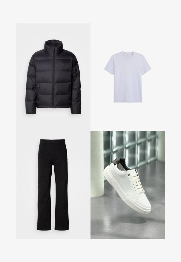 Calvin Klein PUFFER - Páperová bunda - black; Jednoduché svetlošedé tričko s krátkym rukávom a okrúhlym výstrihom s malým bielym logom Calvin Klein na ľavej strane hrudníka.; Čierne bavlnené nohavice s rovnými nohavicami, s gombíkovým zapínaním a pútkami na opasok. Hladká textúra a minimalistický štýl bez viditeľných vzorov.; Biela nízka teniska s čiernou textúrovanou pätkou, bielymi šnúrkami a hrubou podrážkou na leštenej betónovej podlahe pri sklenených blokoch.