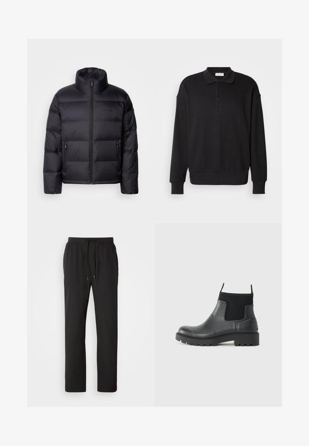 Calvin Klein PUFFER - Gewatteerde jas - black; Zwarte longsleeve poloshirt, geribbelde textuur, drie-knopen sluiting, geborduurd logo op de borst, aansluitende manchetten en zoom. Zachte katoenmix stof.; Zwarte joggingbroeken van lichtgewicht stof, met een elastische tailleband en verstelbare trekkoorden, evenals zijzakken. Soepele textuur.; Zwarte enkelboots van rubber met een matte afwerking, voorzien van een slank ontwerp, elastische panelen en een chunky zool voor grip.