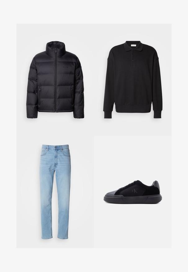 Calvin Klein PUFFER - Páperová bunda - black; Čierna polokošeľa s dlhým rukávom, rebrovaná textúra, s trojicou gombíkov, vyšitým logom na hrudi, priliehavé manžety a spodný lem. Mäkka zmes bavlny.; Svetlomodré džíny z denimu so strihom rovného strihu, piatimi vreckami a pútkami na opasok. Textil má hladkú štruktúru s jemným efektom vyblednutia.; Čierna nízka teniska s hrubou podrážkou, šnurovaním vpredu a jemným logom "cK" na bočnej paneli.