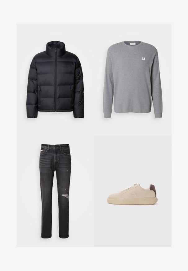 Calvin Klein PUFFER - Gewatteerde jas - black; Grijze hoodie met lange mouwen, gemaakt van textiel met structuur, voorzien van een ronde halslijn en een klein CK-logo op de linker bovenkant.; Zwarte denim jeans met een rechte pijp, verwerkte details bij de knie, vijf-pocket styling en een subtiele vervaagde afwerking.; Beige suède sneakers met een ronde neus, vetersluiting aan de voorkant en een bruine suède accent op de hiel. Beschikt over een gestructureerde rubberen zool.