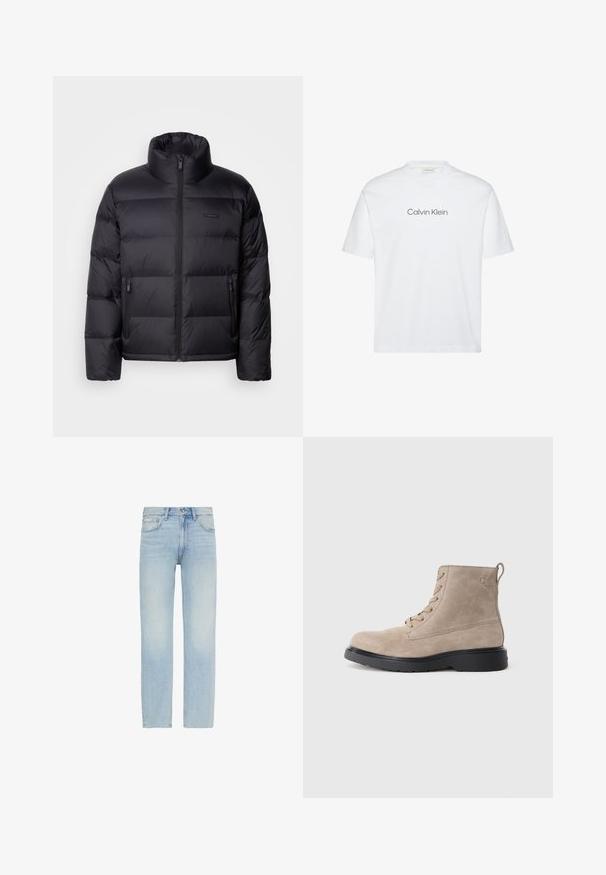 Calvin Klein PUFFER - Páperová bunda - black; Biele bavlnené tričko s krátkymi rukávmi. Má okrúhly výstrih a na hrudi sivý potlačený nápis "Calvin Klein".; Svetlomodré rifle s rovným strihom, predným zapínaním na gombíky a dizajnom s piatimi vreckami, vrátane malej značky Calvin Klein na prednom vrecku.; Béžové semišové členkové topánky s čiernou gumovou podrážkou, zaviazaním, malým embosovaným logom na boku a so stahovacím pásikom na zadnej strane.